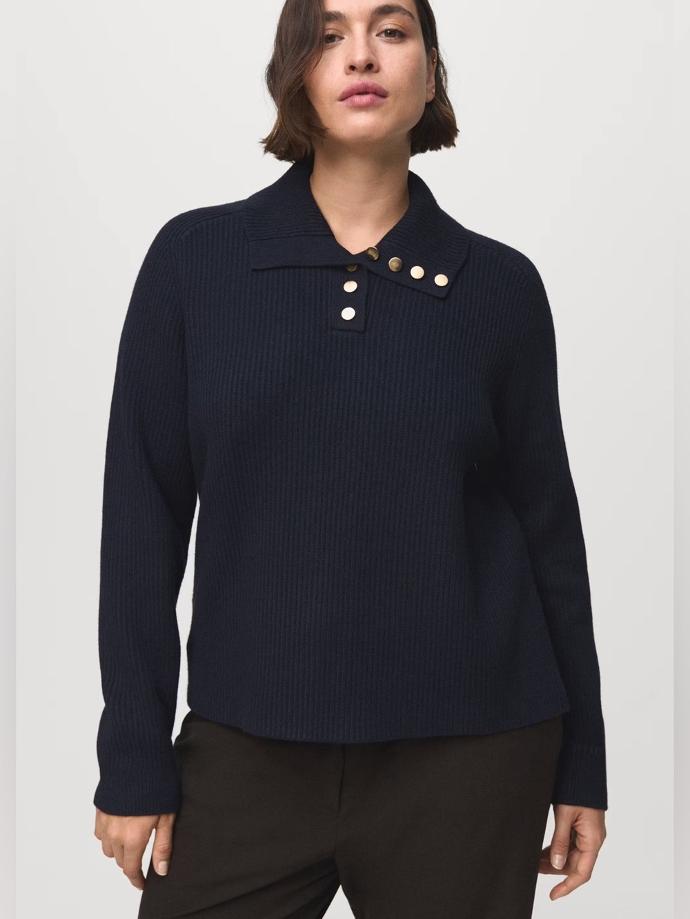 Mango Ribbed Polo Neck Sweater Navy Gold Button Collared Knit XL